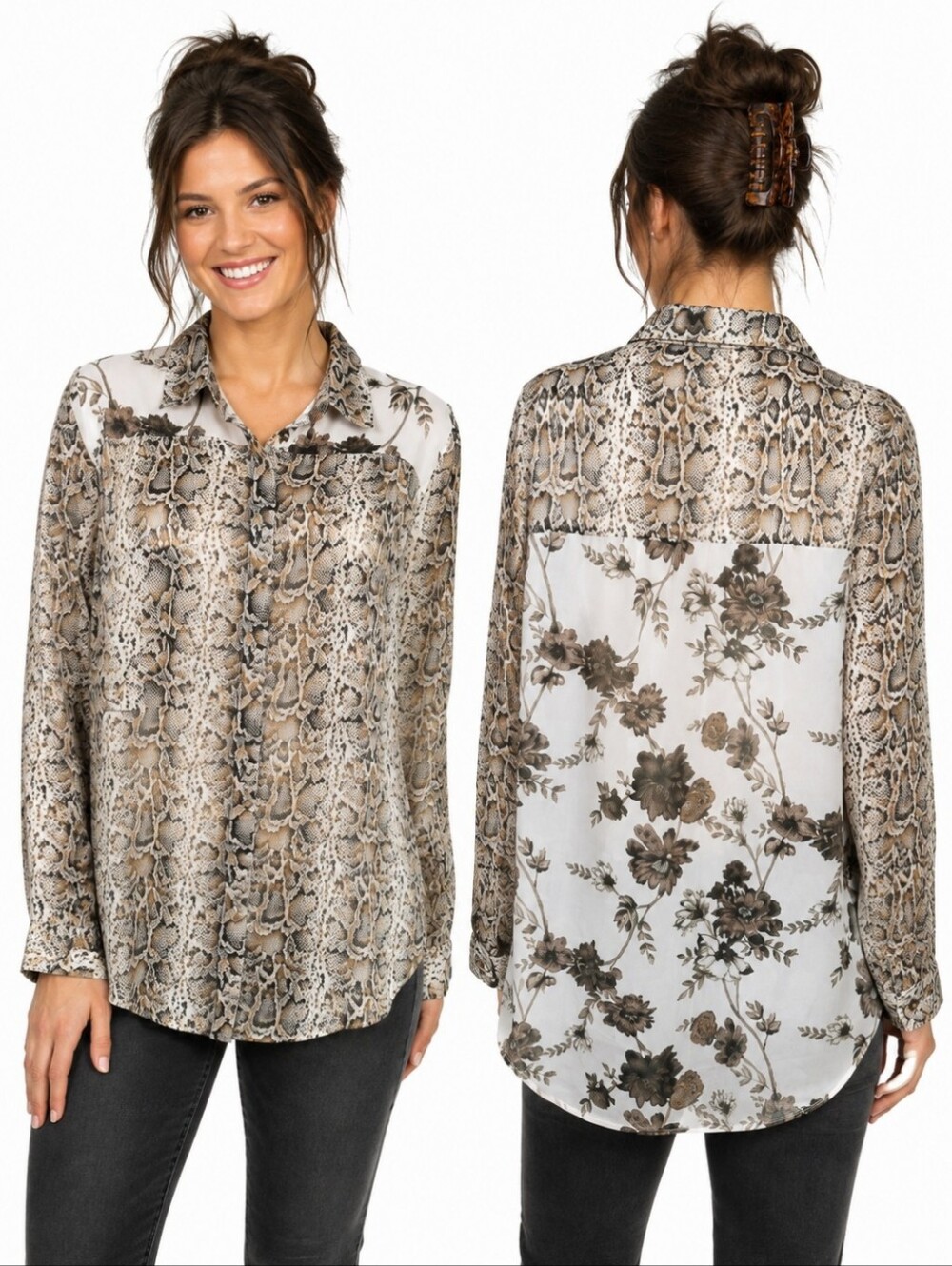Snake Print Semi Sheer Button Down Snakeskin & Floral Tan Tunic Neutral Sz L